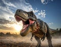 A realistic depiction of a Tyrannosaurus rex in a prehistoric landscape Royalty Free Stock Photo