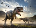 A group of Tyrannosaurus rex dinosaurs stands in a prehistoric landscape with mist and mountains in the background Royalty Free Stock Photo