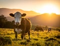 A Hereford cow stands in a sunlit pasture at sunset, surrounded by other cows grazing Royalty Free Stock Photo