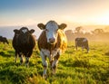 Cows grazing in a sunlit pasture. The foreground features two cows, one with brown and white markings Royalty Free Stock Photo