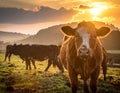 Cows grazing in a pasture during sunset Royalty Free Stock Photo