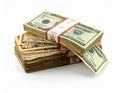 Stacks of U.S. dollar bills, consisting of $20 denominations primarily, are neatly bundled with red paper bands Royalty Free Stock Photo
