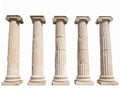 Five classical Ionic columns, characterized by fluted shafts and scroll-like volutes on the capitals Royalty Free Stock Photo
