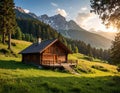 Log cabin nestled in an alpine meadow with a backdrop of snow-capped mountains and dense pine forests Royalty Free Stock Photo