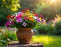Colorful flowers in a terracotta pot basking in golden sunlight Royalty Free Stock Photo