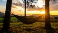 Sunset with hammock in silhouette shadow with orange light effect. Royalty Free Stock Photo