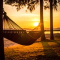 Sunset with hammock in silhouette shadow with orange light effect. Royalty Free Stock Photo
