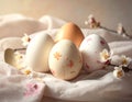 Decorative eggs sit on a soft,white fabric.Two eggs are plain, while the other two feature delicate floral and butterfly designs Royalty Free Stock Photo