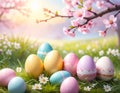 Colorful Easter eggs with intricate patterns are nestled in lush green grass, surrounded by small white daisies Royalty Free Stock Photo