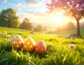 Three decorated Easter eggs rest on green grass, adorned with floral and polka dot patterns in pastel colors Royalty Free Stock Photo