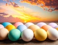 Colorful Easter eggs are arranged on a wooden surface Royalty Free Stock Photo