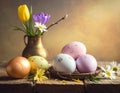 A rustic wooden table displays decorated Easter eggs in pastel hues of pink, blue, and gold Royalty Free Stock Photo