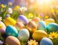Colorful Easter eggs decorated with floral patterns are nestled in grass Royalty Free Stock Photo