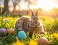 A brown rabbit with large ears sits in a sunlit meadow surrounded by colorful Easter eggss Royalty Free Stock Photo