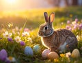 A rabbit sits in a sunlit meadow surrounded by colorful flowers Royalty Free Stock Photo