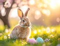A cute, fluffy rabbit sits in a sunlit meadow, surrounded by colorful pastel Easter eggs. Royalty Free Stock Photo