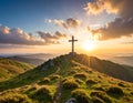 A picturesque landscape featuring a large cross atop a grassy hill Royalty Free Stock Photo