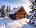 A cozy, wooden log cabin nestled in a snowy forest, illuminated by soft, golden sunlight Royalty Free Stock Photo