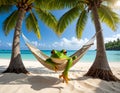 Realist effect A smiling frog lies peacefully in a hammock, one leg suspended Royalty Free Stock Photo