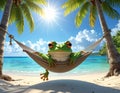 Realist effect A smiling frog lies peacefully in a hammock, one leg suspended Royalty Free Stock Photo