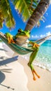 Realist effect A smiling frog lies peacefully in a hammock, one leg suspended Royalty Free Stock Photo