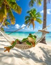 Realist effect A smiling frog lies peacefully in a hammock, one leg suspended Royalty Free Stock Photo