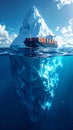 Container ship on ocean surface nearing large underwater iceberg Royalty Free Stock Photo