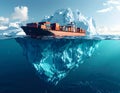 Container ship on ocean surface nearing large underwater iceberg Royalty Free Stock Photo