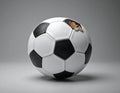 A black and white soccer ball with pentagonal and hexagonal panels sits against a gray background Royalty Free Stock Photo