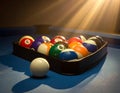Billiard balls arranged in a triangular rack on a blue pool table Royalty Free Stock Photo