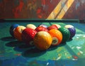 Vibrant painting depicting a pool table with a rack of billiard balls Royalty Free Stock Photo