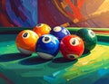 Brightly colored billiard balls rest on a stylized pool table Royalty Free Stock Photo