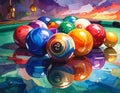 Colorful billiard balls arranged haphazardly on a vibrantly painted pool table Royalty Free Stock Photo