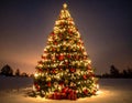 Illuminated Christmas tree adorned with red and gold ornaments stands in a snowy landscape Royalty Free Stock Photo