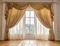 Elegant interior with tall French windows framed by luxurious gold drapes featuring intricate tassel details and opulent swags Royalty Free Stock Photo