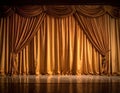Opulent, golden-brown stage curtains with ornate swags and tassels are shown Royalty Free Stock Photo