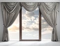 Elegant room with large floor-to-ceiling window framed by luxurious silver drapes featuring swags and tails Royalty Free Stock Photo