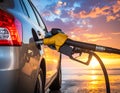 A car being fueled with a yellow gas nozzle against a backdrop of a scenic sunset Royalty Free Stock Photo