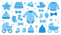 It\'s a boy stickers set in blue colors. Kids, children design elements for scrapbook. Royalty Free Stock Photo
