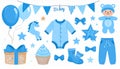 It\'s a boy stickers set in blue colors. Kids, children design elements for scrapbook. Royalty Free Stock Photo