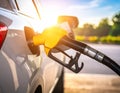 A car being refueled with a yellow gas pump nozzle inserted into the fuel tank Royalty Free Stock Photo