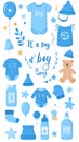 It\'s a boy stickers set in blue colors. Kids, children design elements for scrapbook. Royalty Free Stock Photo