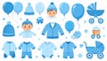 It\'s a boy stickers set in blue colors. Kids, children design elements for scrapbook. Royalty Free Stock Photo