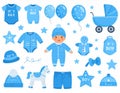 It\'s a boy stickers set in blue colors. Kids, children design elements for scrapbook. Royalty Free Stock Photo