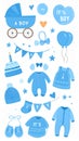 It\'s a boy stickers set in blue colors. Kids, children design elements for scrapbook. Royalty Free Stock Photo