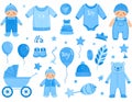 It\'s a boy stickers set in blue colors. Kids, children design elements for scrapbook. Royalty Free Stock Photo