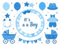 It\'s a boy stickers set in blue colors. Kids, children design elements for scrapbook. Royalty Free Stock Photo