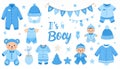 It\'s a boy stickers set in blue colors. Kids, children design elements for scrapbook. Royalty Free Stock Photo