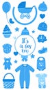 It\'s a boy stickers set in blue colors. Kids, children design elements for scrapbook. Royalty Free Stock Photo