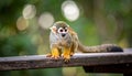 Little Squirrel Monkey is having fun on the wood bench Royalty Free Stock Photo